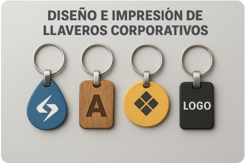 Diseño e impresión de llaveros corporativos.